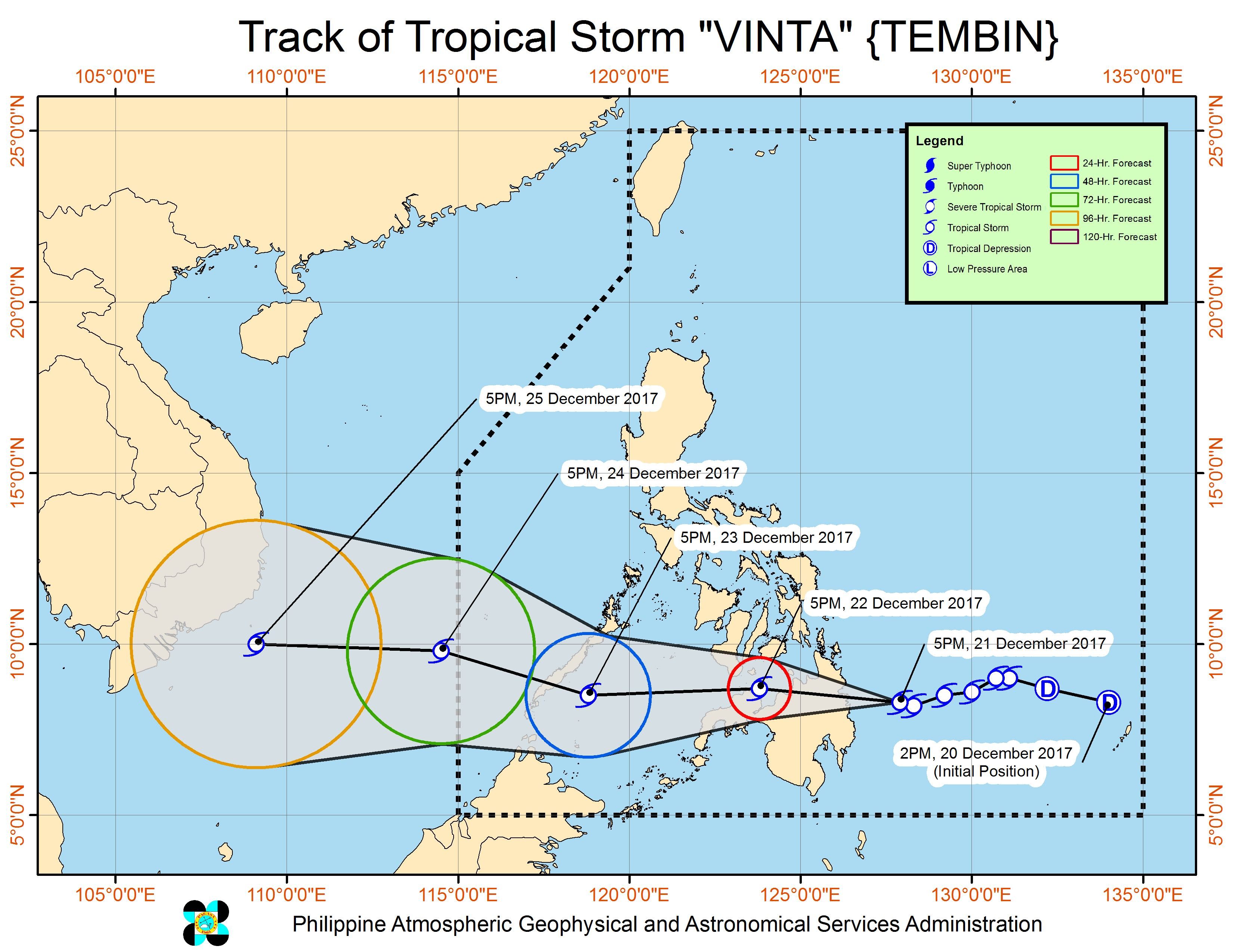 Forecast track of Tropical Storm Vinta as of December 21, 8 pm. Image courtesy of PAGASA 