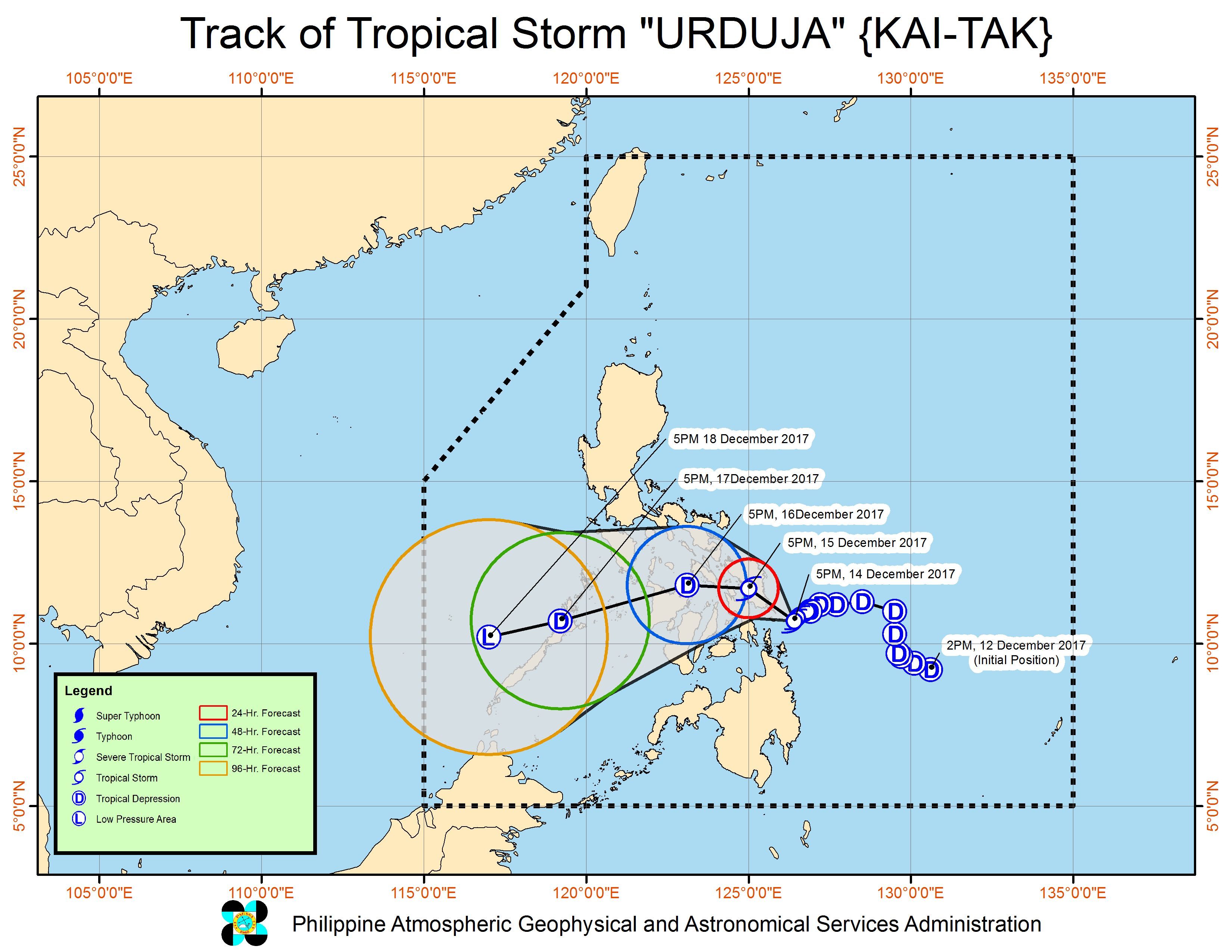Forecast track of Tropical Storm Urduja as of December 14, 8 pm. Image courtesy of PAGASA 