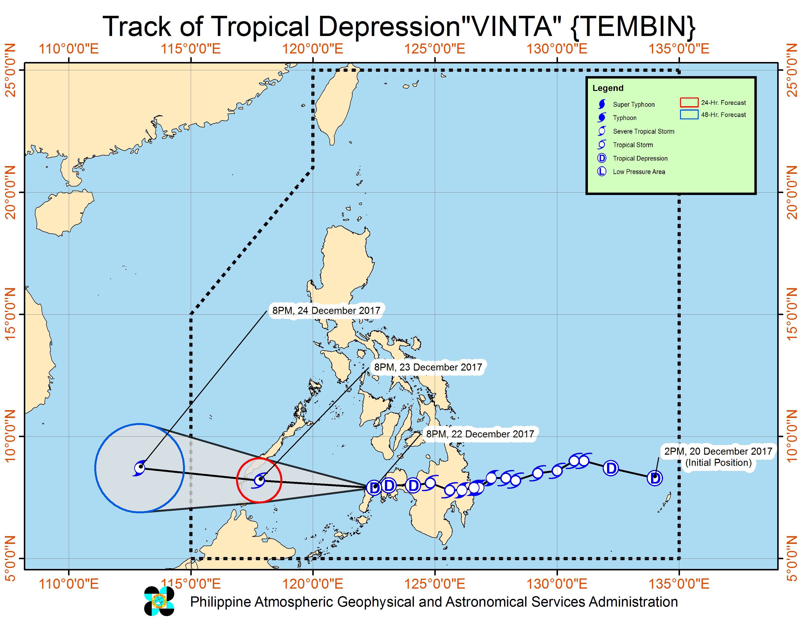 Forecast track of Tropical Depression Vinta as of December 22, 11 pm. Image courtesy of PAGASA 