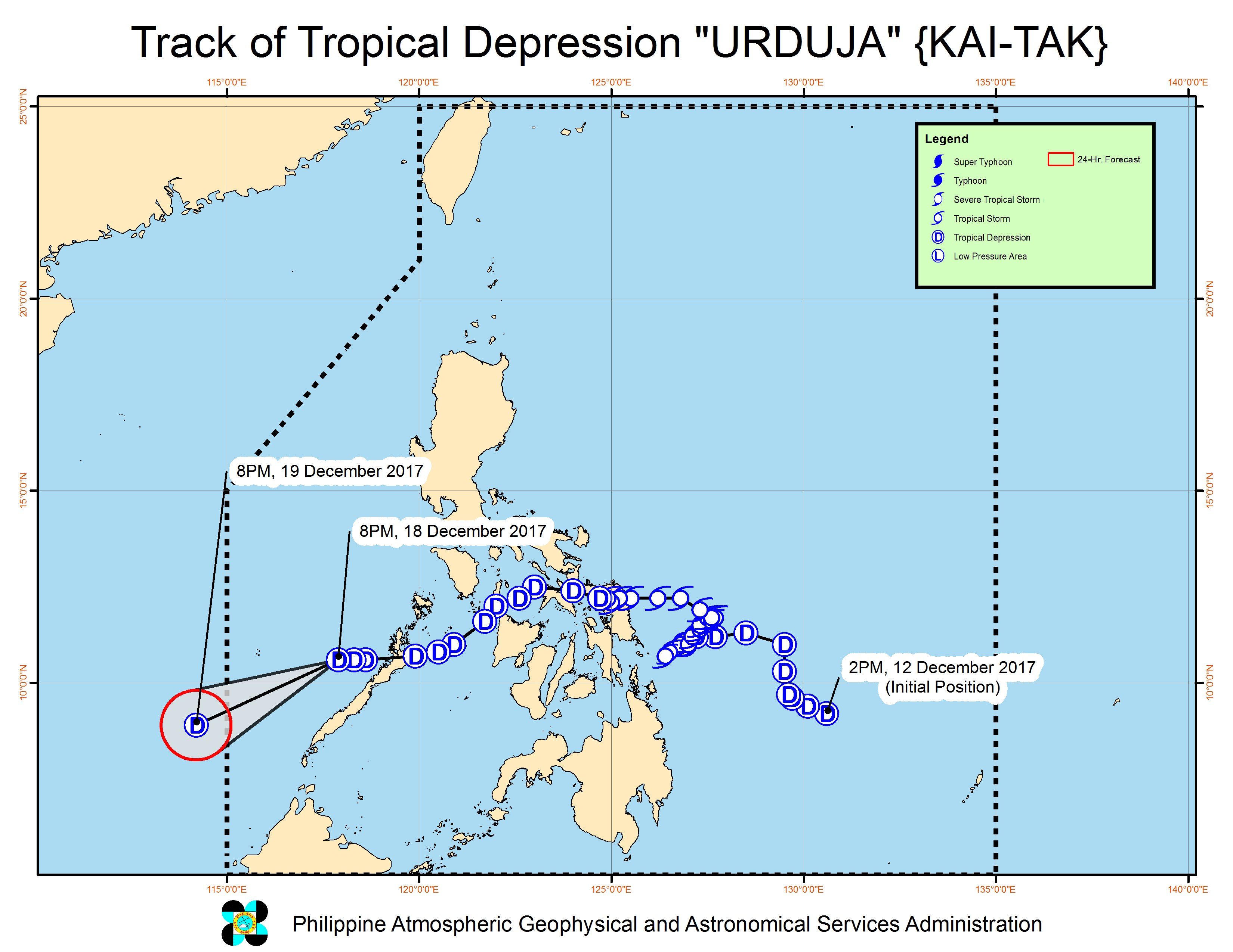 Forecast track of Tropical Depression Urduja as of December 18, 11 pm. Image courtesy of PAGASA 