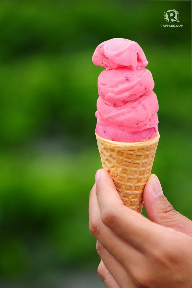 STRAWBERRY ICE CREAM. Add this chunky strawberry-flavored sorbetes to your strawberry picking experience in La Trinidad. Photo by Nikka Corsino 
