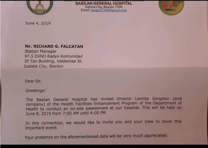 INVITATION. Rappler correspondent and DXNO radio manager Richard Falcatan was invited to cover the hospital inspection. 
