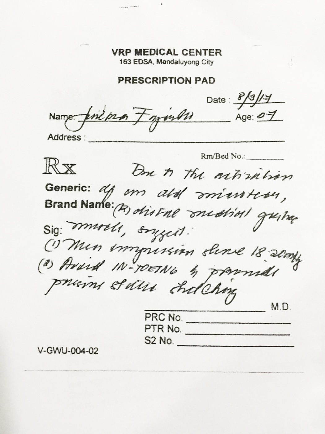 PRESCRIPTION PAD. June Mar Fajardo's prescription pad. Photo by Jane Bracher/Rappler 