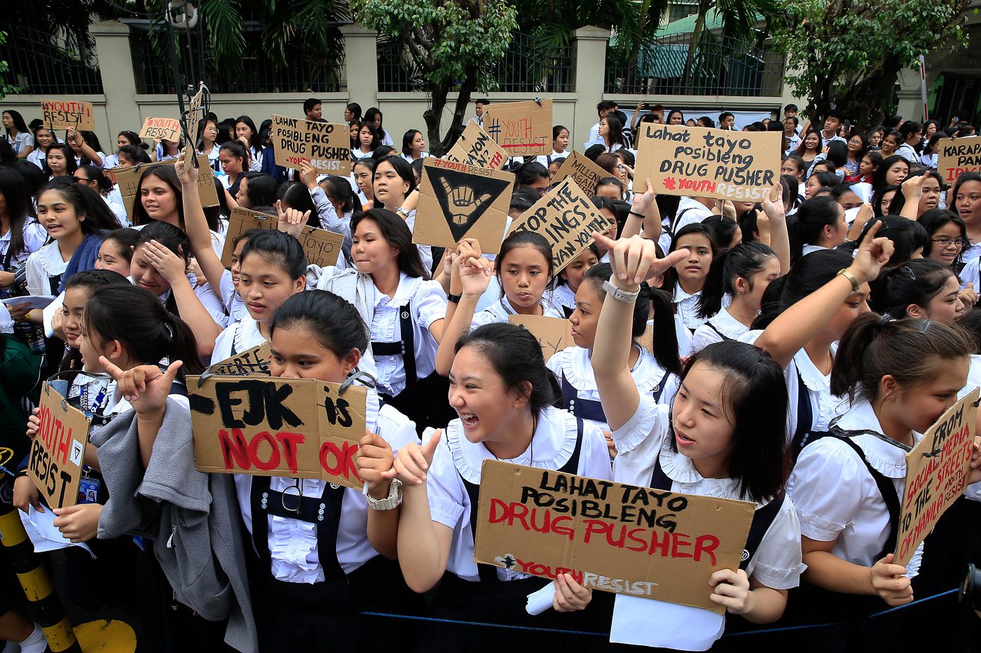 YOUTH ACTIVISTS. Students of St Scholastica's College and various activist groups gather outside the college in Manila on July 16, 2017, to rally against the thousands of extrajudicial killings in the drug war of President Rodrigo Duterte. Photo by Ben Nabong/Rappler   