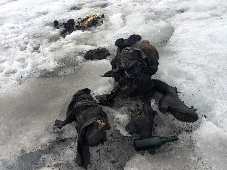 MUMMIFIED. A handout picture distributed on July 18, 2017, by Swiss cable car company Glacier 3000 shows the mummified remains of a Swiss Couple who went missing 75 years ago and were found in a glacier in the Diablerets mountains in southern Switzerland. Photo from Glacier 3000/AFP   