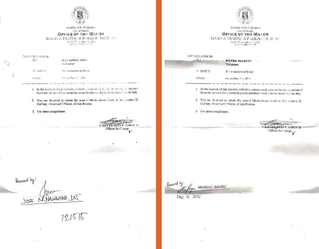 TERMINATED. The termination letters of the two officers say they were removed from their positions for committing irregularities" while on duty. Photo of termination letters from Reshell Mantilla Roja  