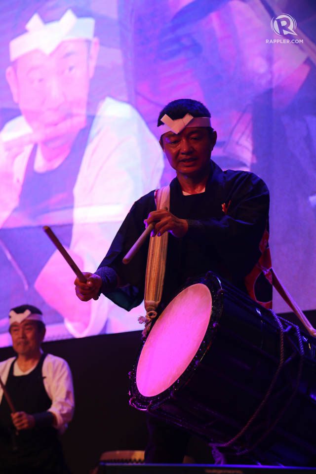 JAPANESE DRUM PERFORMANCE. A drummer of the Japanese group, Tokoro Taiko  
