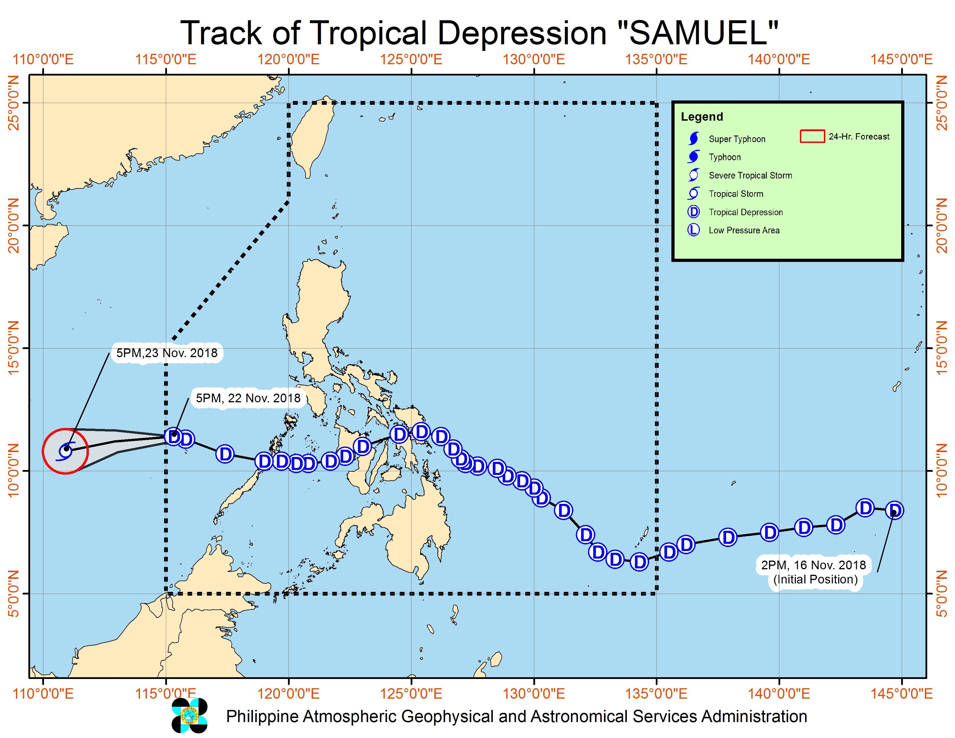 Forecast track of Tropical Depression Samuel as of November 22, 2018, 8 pm. Image from PAGASA 