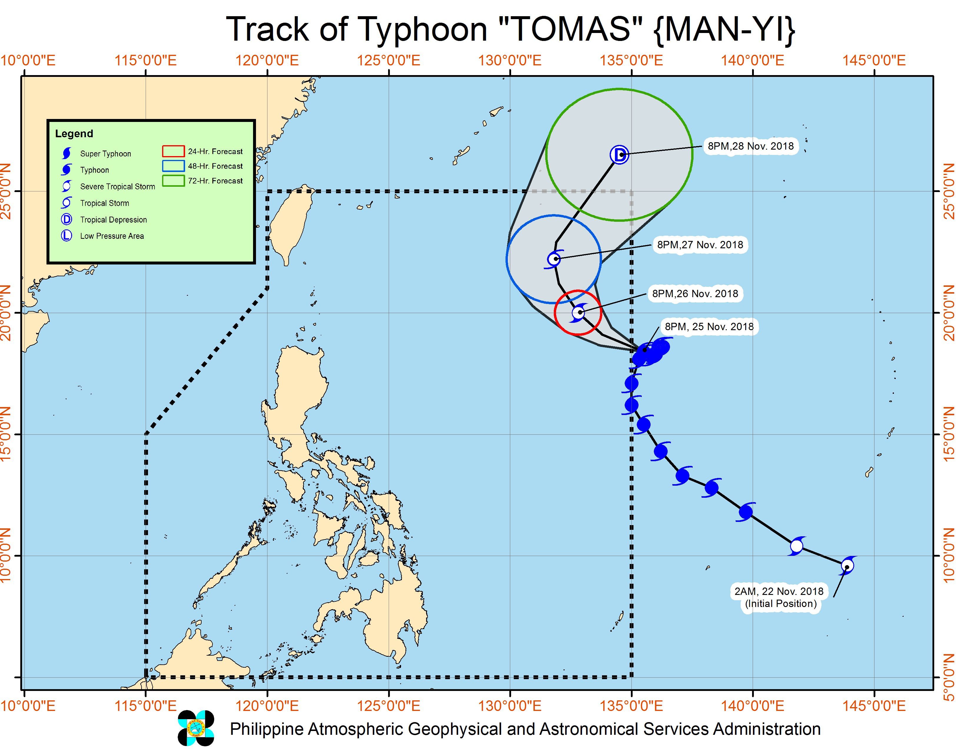 Forecast track of Typhoon Tomas (Man-yi) as of November 25, 2018, 11 pm. Image from PAGASA 