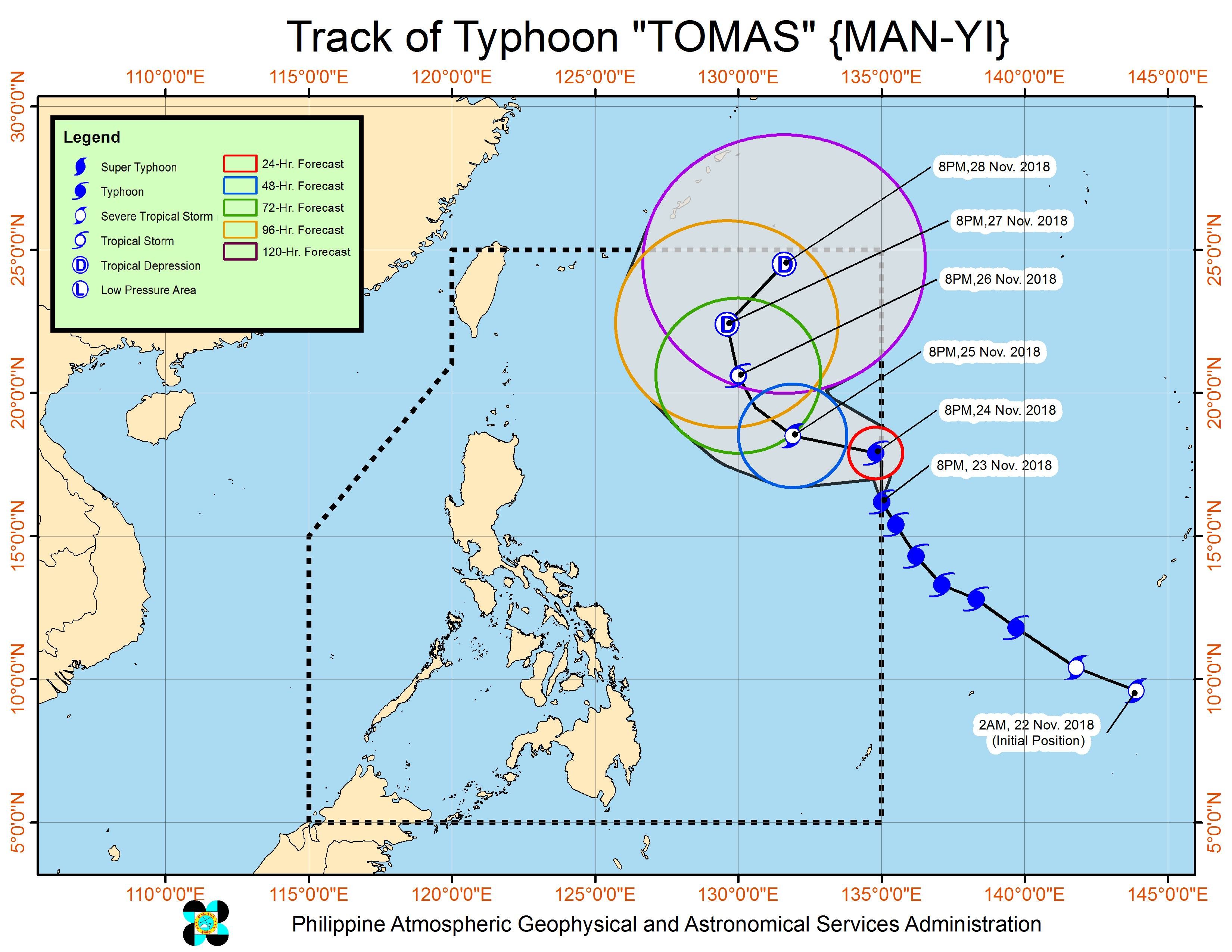 Forecast track of Typhoon Tomas (Man-yi) as of November 23, 2018, 11:30 pm. Image from PAGASA 