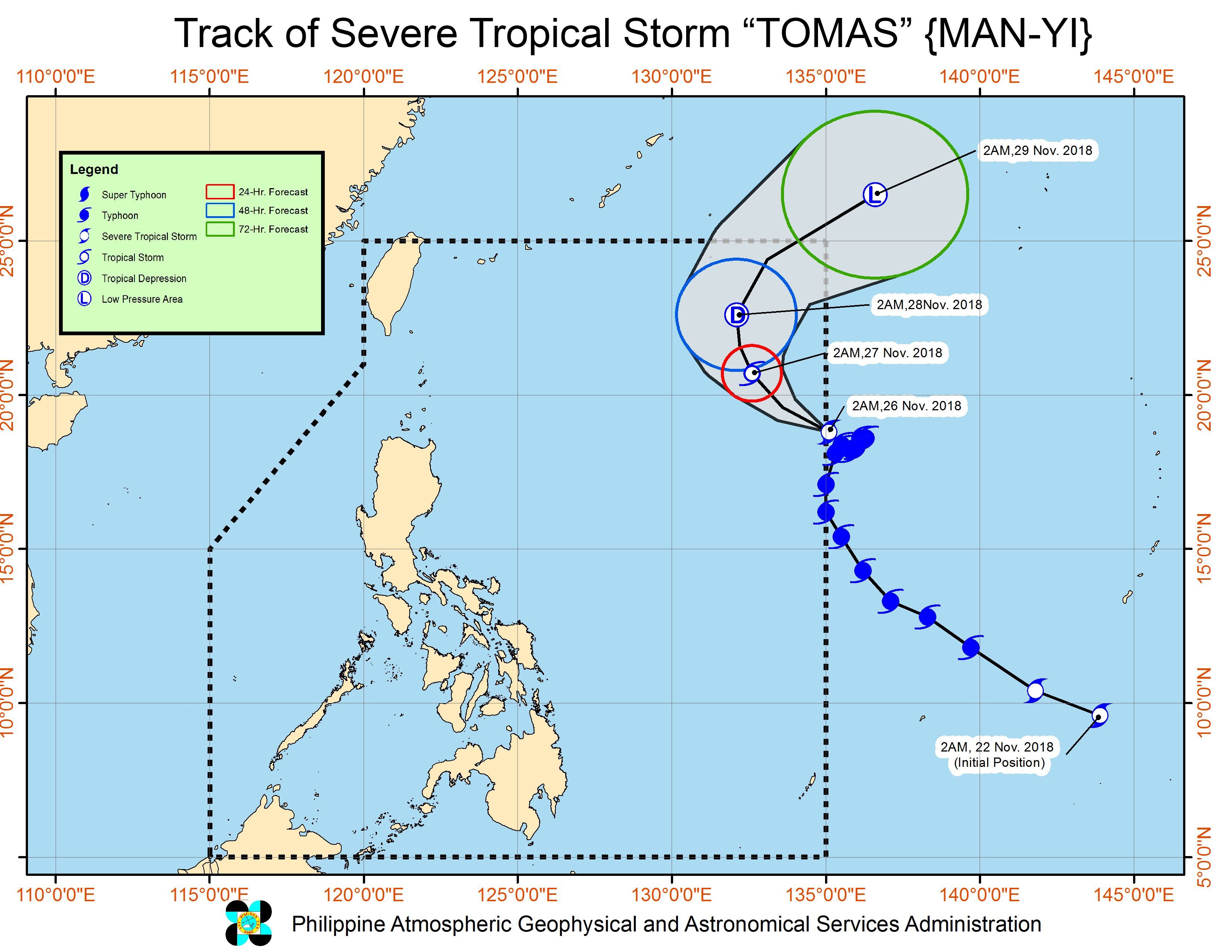 Forecast track of Severe Tropical Storm Tomas (Man-yi) as of November 26, 2018, 4 am. Image from PAGASA 