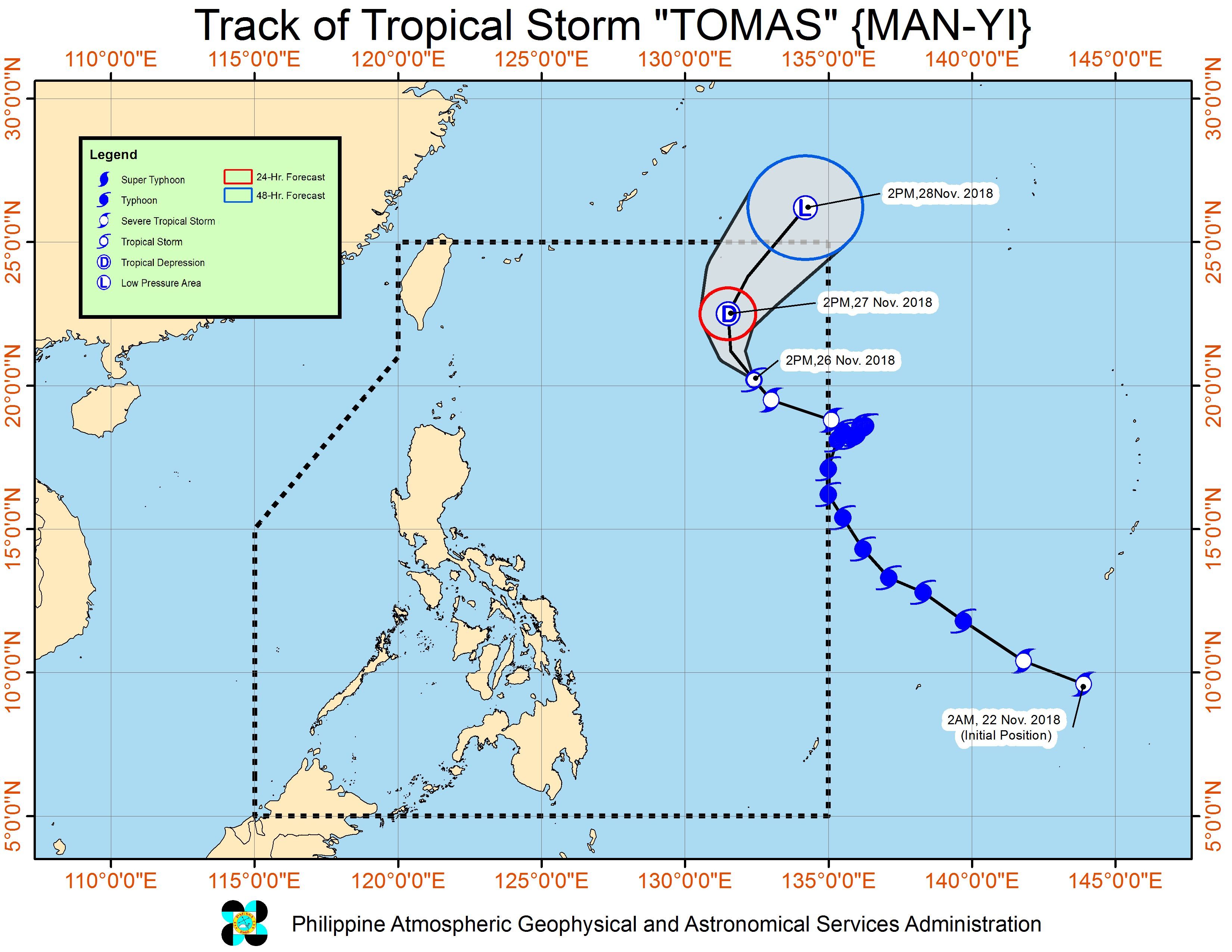 Forecast track of Tropical Storm Tomas (Man-yi) as of November 26, 2018, 5 pm. Image from PAGASA 