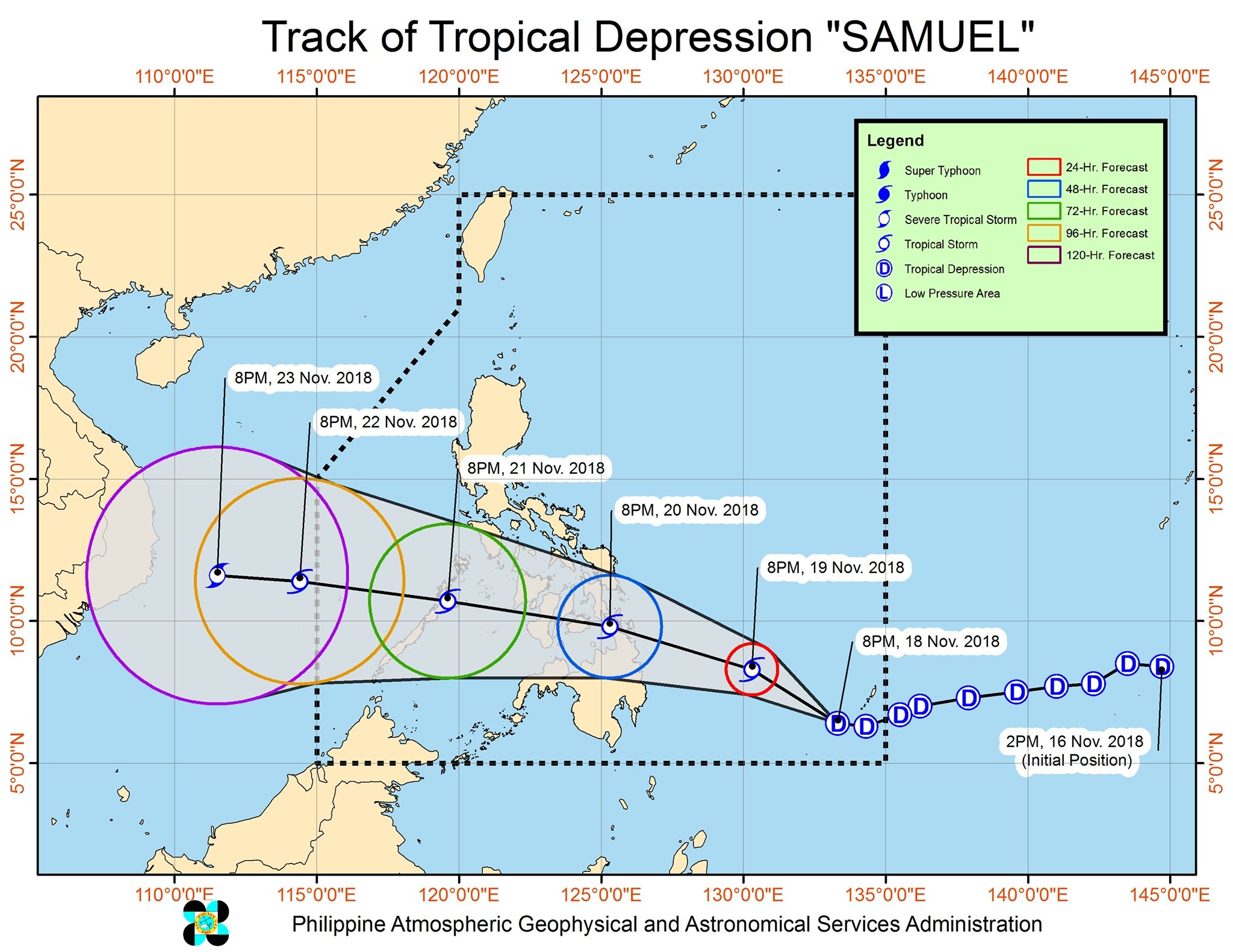 Forecast track of Tropical Depression Samuel as of November 18, 2018, 11 pm. Image from PAGASA 