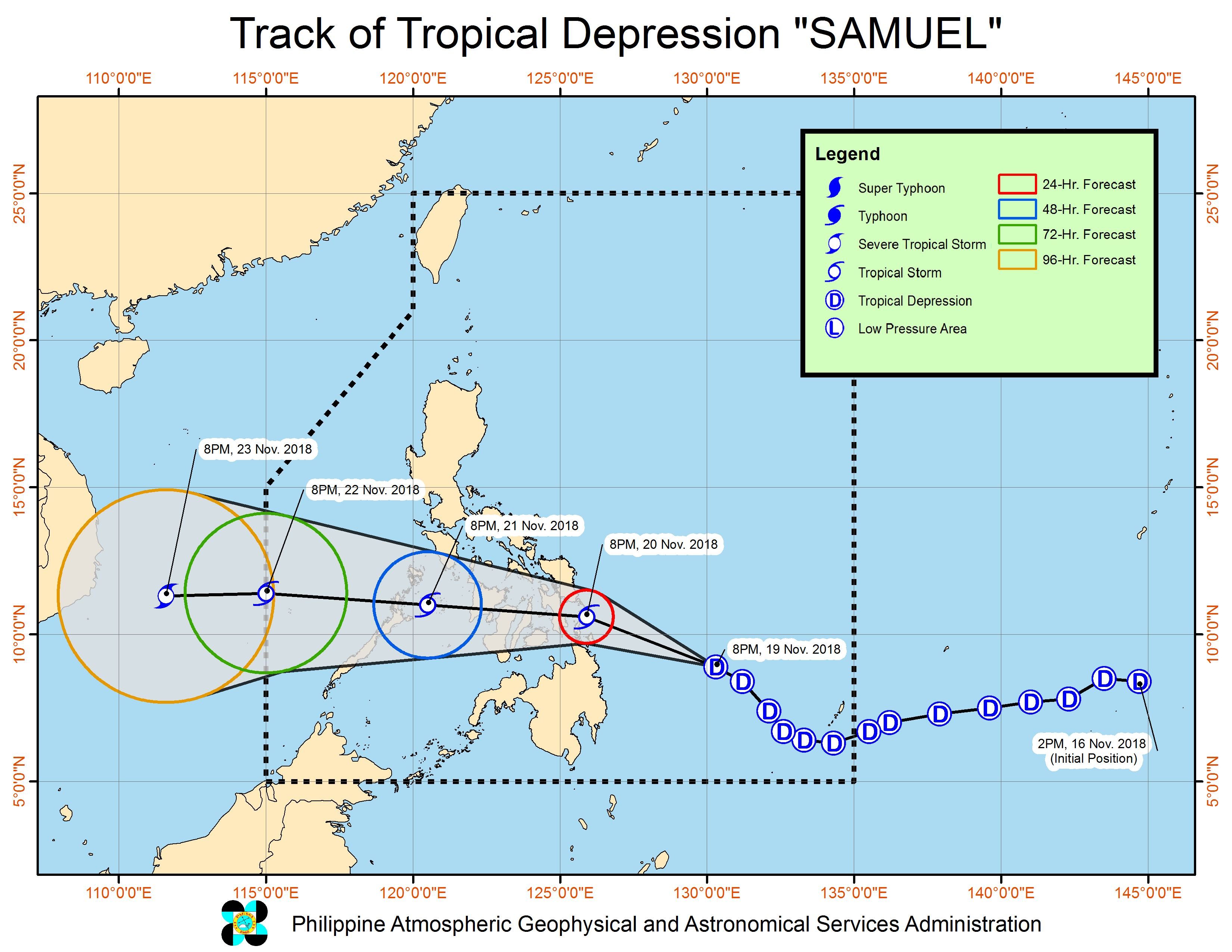 Forecast track of Tropical Depression Samuel as of November 19, 2018, 11 pm. Image from PAGASA 