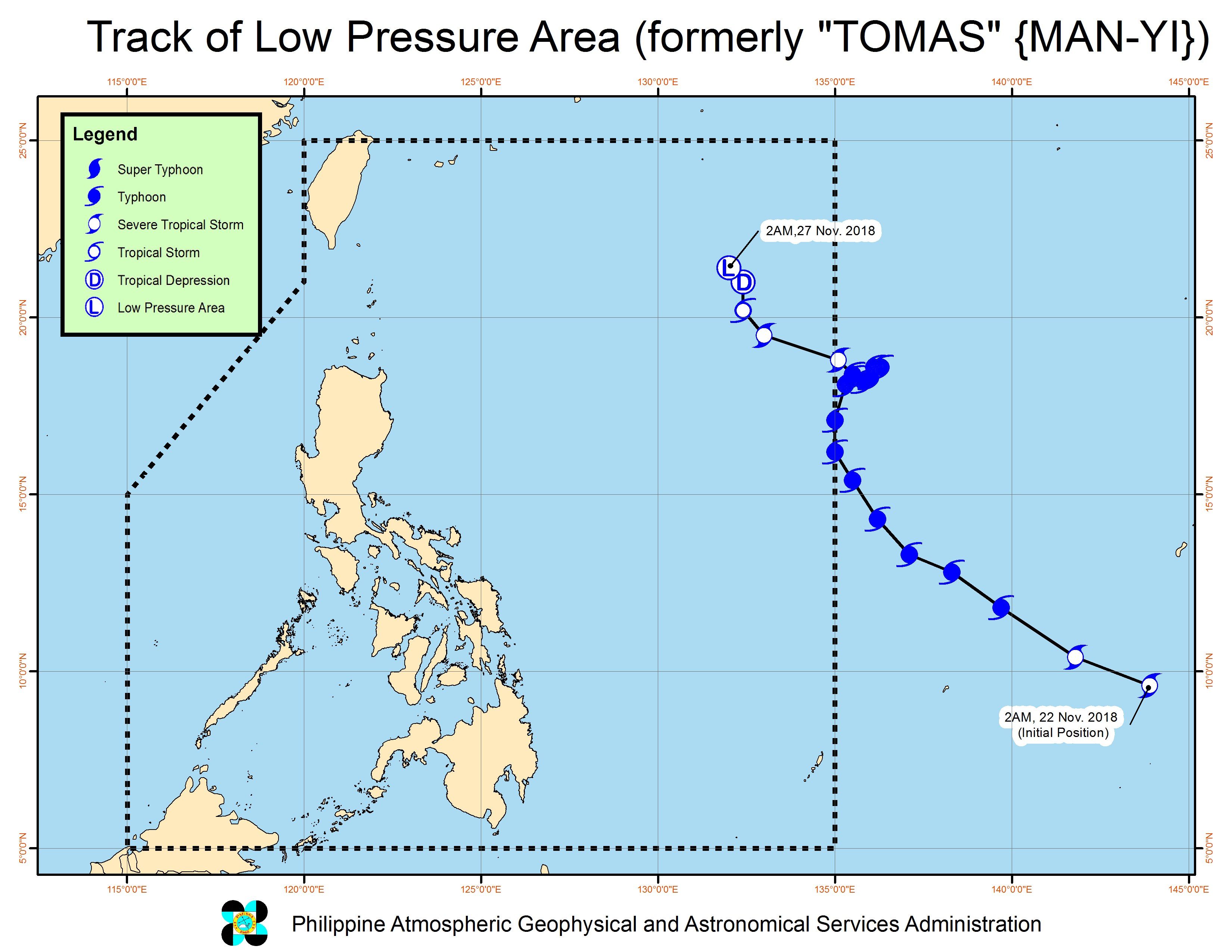Forecast track of the low pressure area which used to be Tomas (Man-yi), as of November 27, 2018, 5 am. Image from PAGASA 