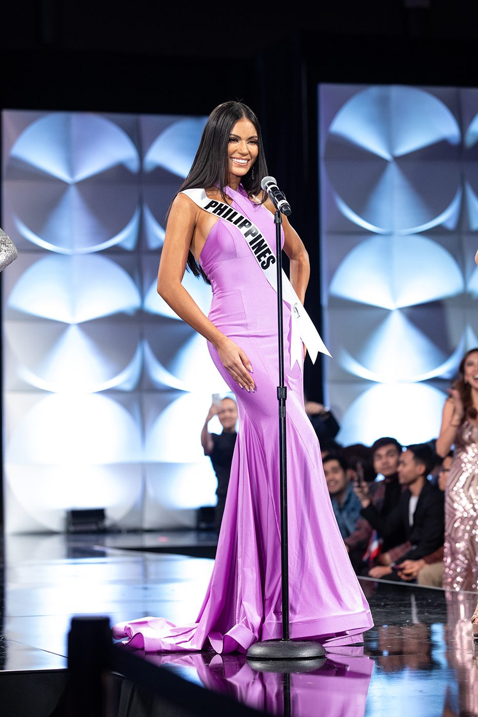 Gazini Ganados, Miss Philippines 2019 on stage in fashion by Sherri Hill during the opening of the MISS UNIVERSE Preliminary Competition at the Marriott Marquis in Atlanta on Friday, December 6, 2019. Photo from Miss Universe 
