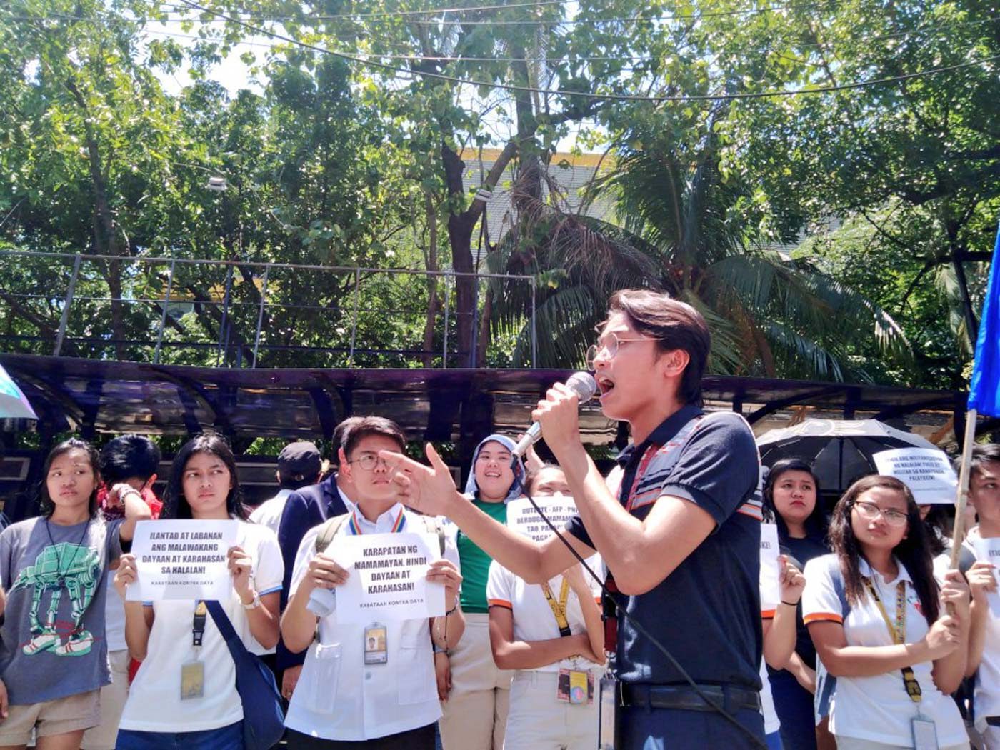 UST. Panday Sining's Angelo del Rosario speaks before protesters at the University of Santo Tomas in Manila. Photo by Jomar Villanueva/Rappler 