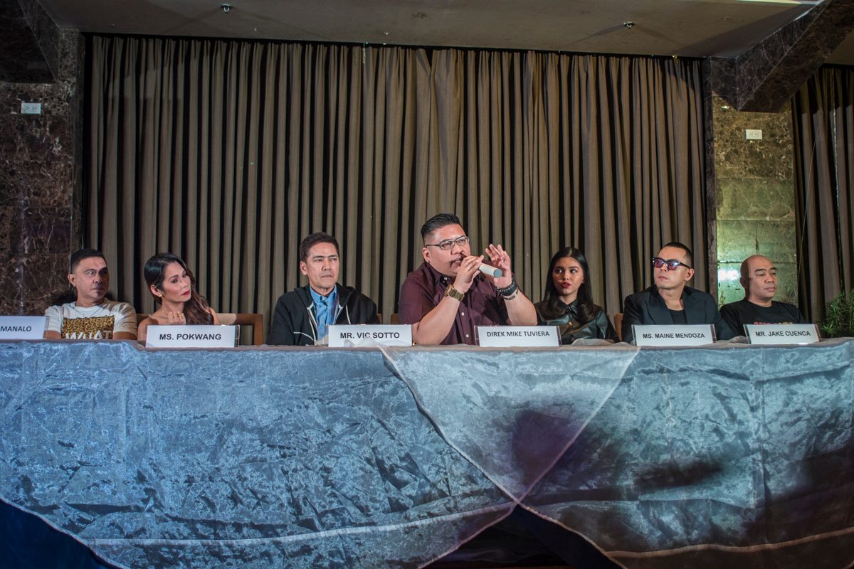 ACTION AND ADVENTURE. Vic, director Mike Tuviera, and the cast of the film during the press conference. Photo by Rob Reyes/Rappler 