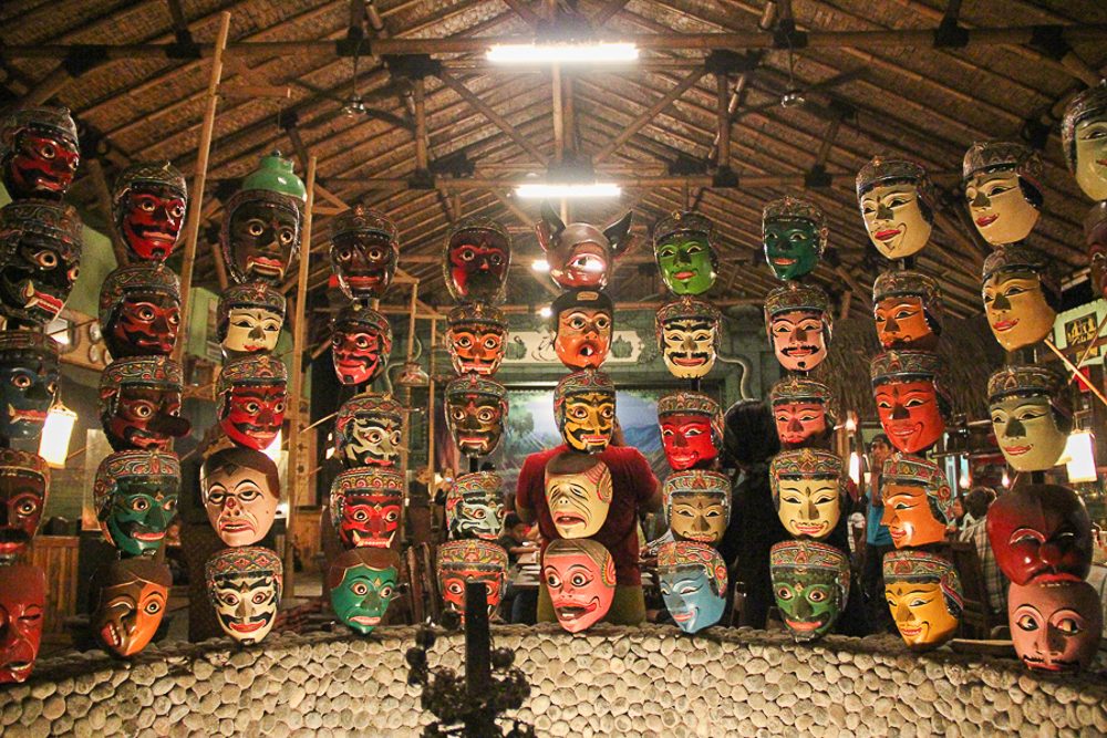 MALANG. The indigenous masks at the Studio Malang restaurant. 