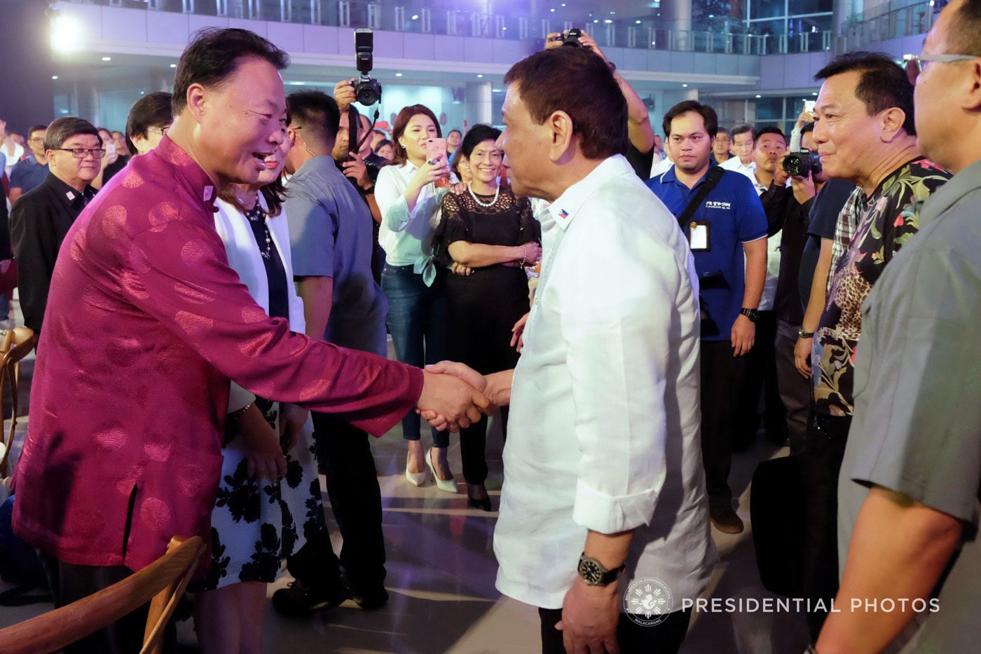 Duterte greets Chinese Ambassador to the Philippines Zhao Jianhua during Alvarez's birthday party in Tagum City. Malacañan photo  