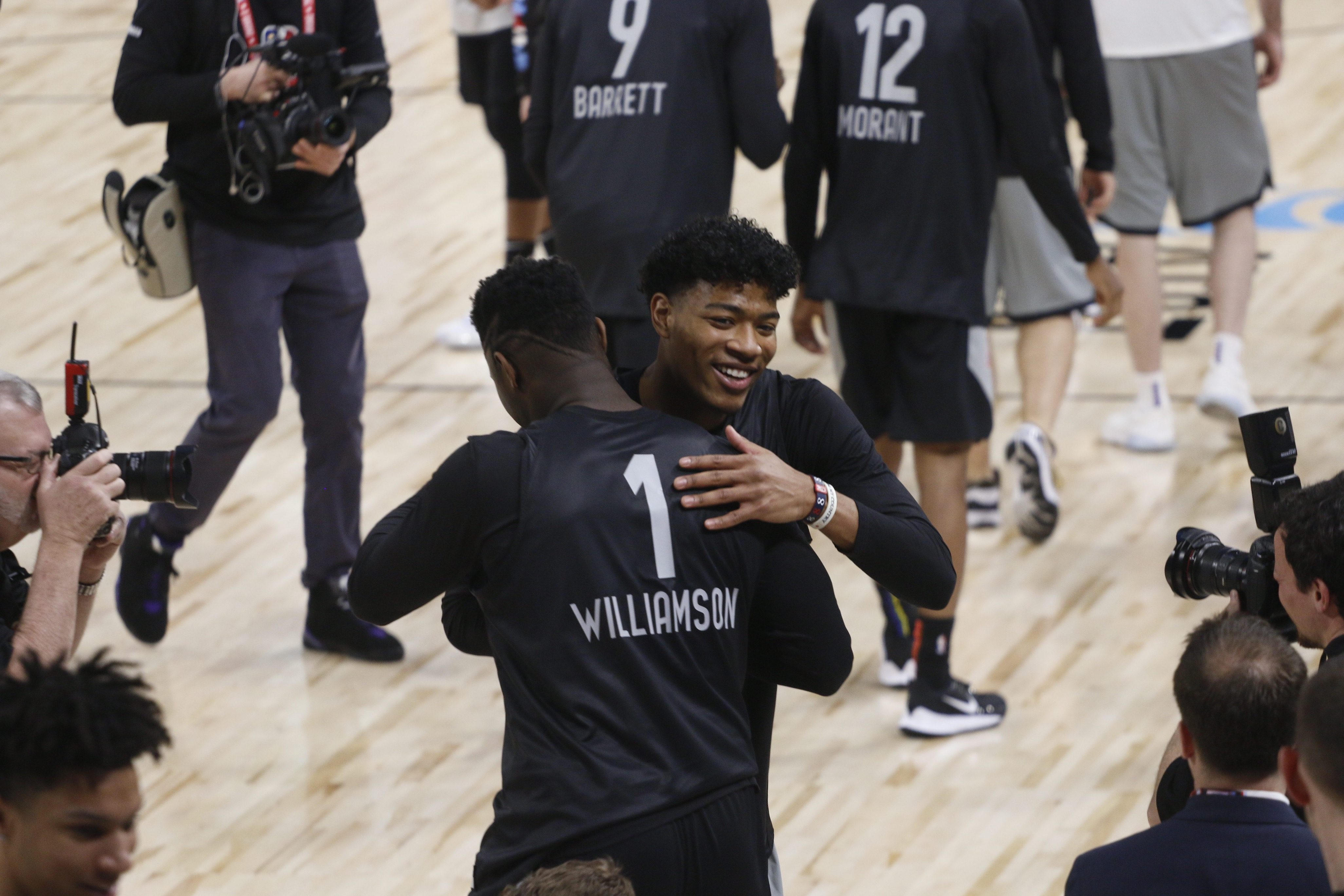 FRESHMEN. Fellow rookies Rui Hachimura and Zion Williamson greet each other as Team World wraps up practice while the US Team takes the court. Photo by Paul Mata/Rappler.com
 