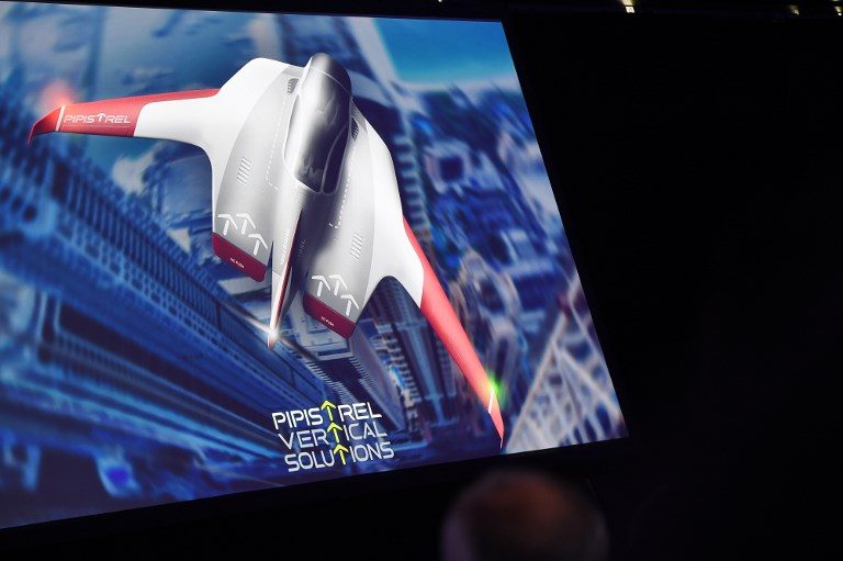 PIPISTREL. An image of the Pipistrel electric vertical take-off and landing (eVTOL) concept air taxi is shown on a screen. Photo by Robyn Beck/AFP 