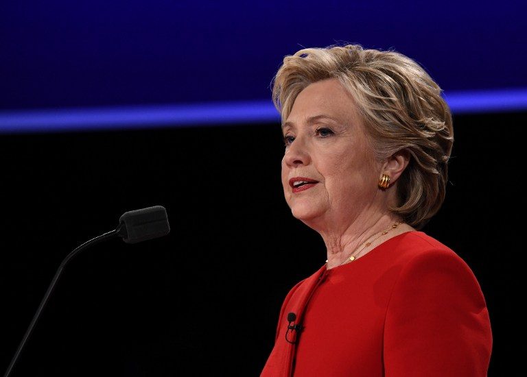 CLINTON. Democratic nominee Hillary Clinton speaks during the first presidential debate at Hofstra University in Hempstead, New York on September 26, 2016. Jewel Samad/AFP 