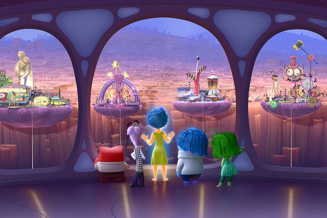 INSIDE OUT. Anger, Fear, Joy, Sadness and Disgust look out upon Riley's Islands of Personality. Photo courtesy of Disney-Pixar 