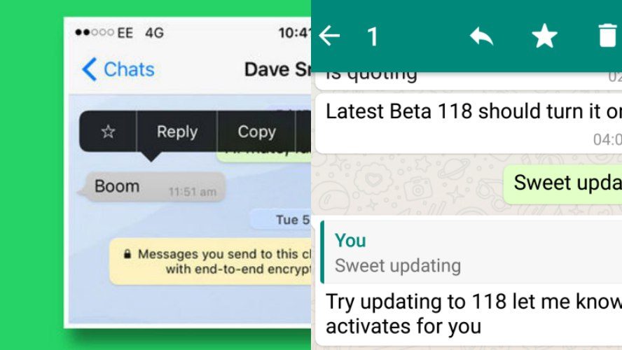 Perbandingan tombol untuk mengutip pesan di Whatsapp: iOS (kiri), dan Android (kanan). Foto dari Tech in Asia 