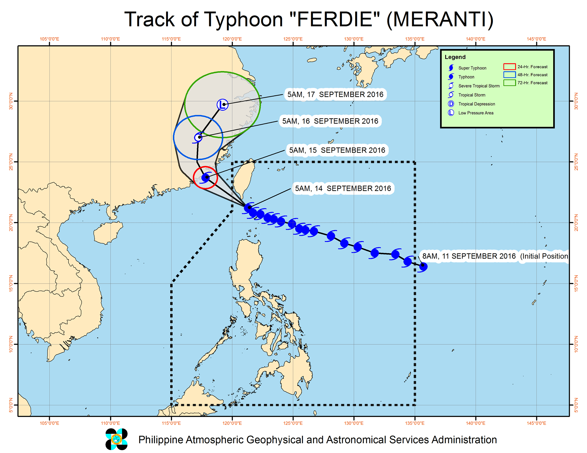 Forecast track of Typhoon Ferdie as of September 14, 8 am. Image courtesy of PAGASA  