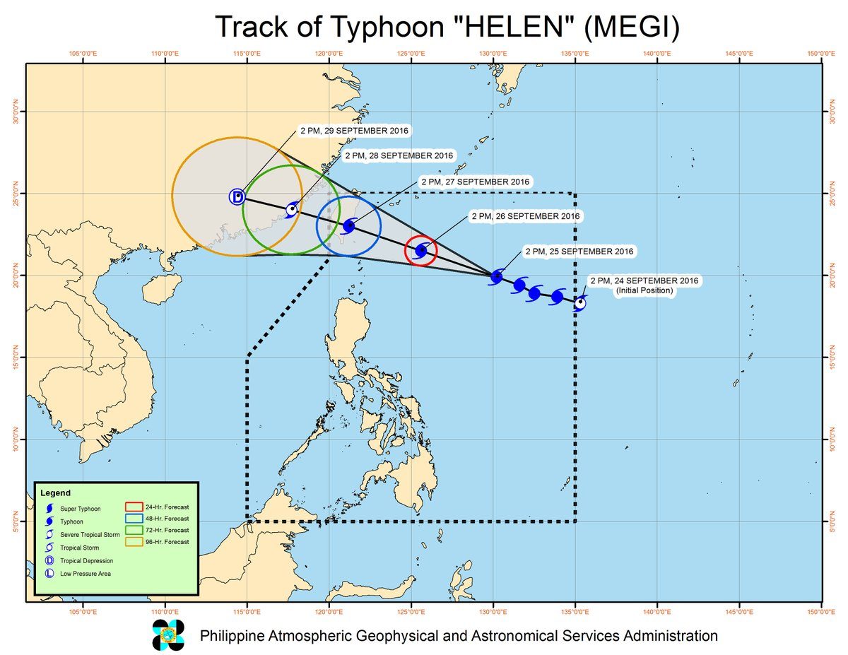 Forecast track of Typhoon Helen as of September 25, 5 pm. Image courtesy of PAGASA  