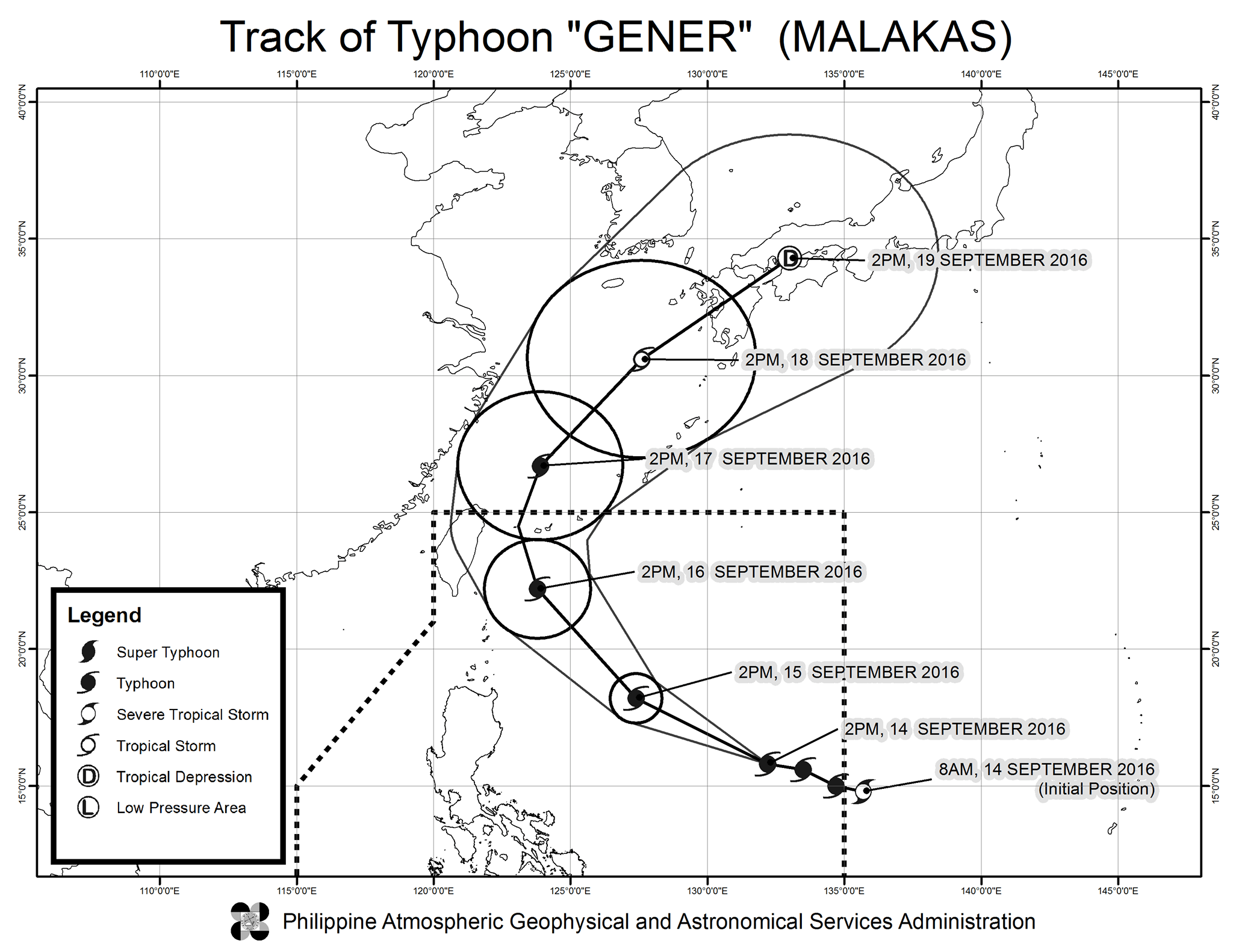 Forecast track of Typhoon Gener as of September 14, 5 pm. Image courtesy of PAGASA  