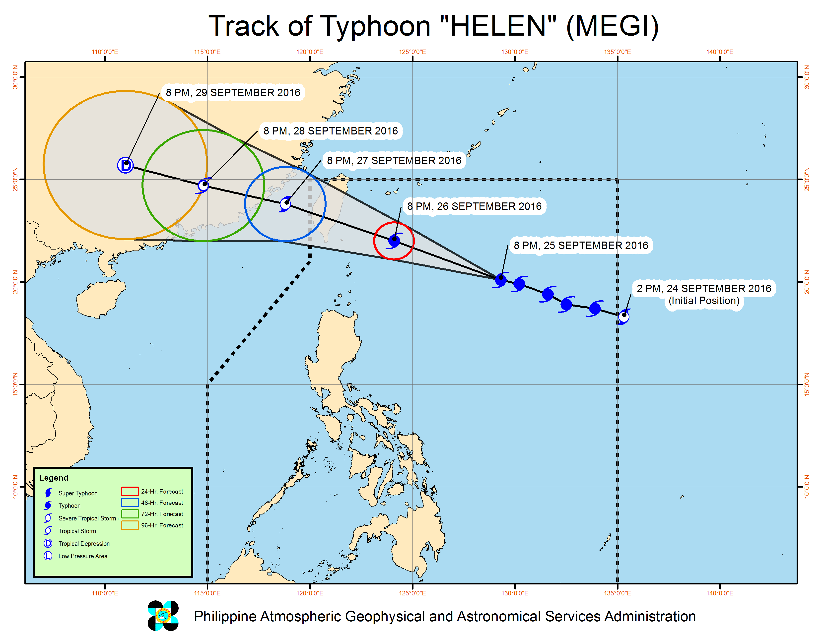 Forecast track of Typhoon Helen as of September 25, 11 pm. Image courtesy of PAGASA 