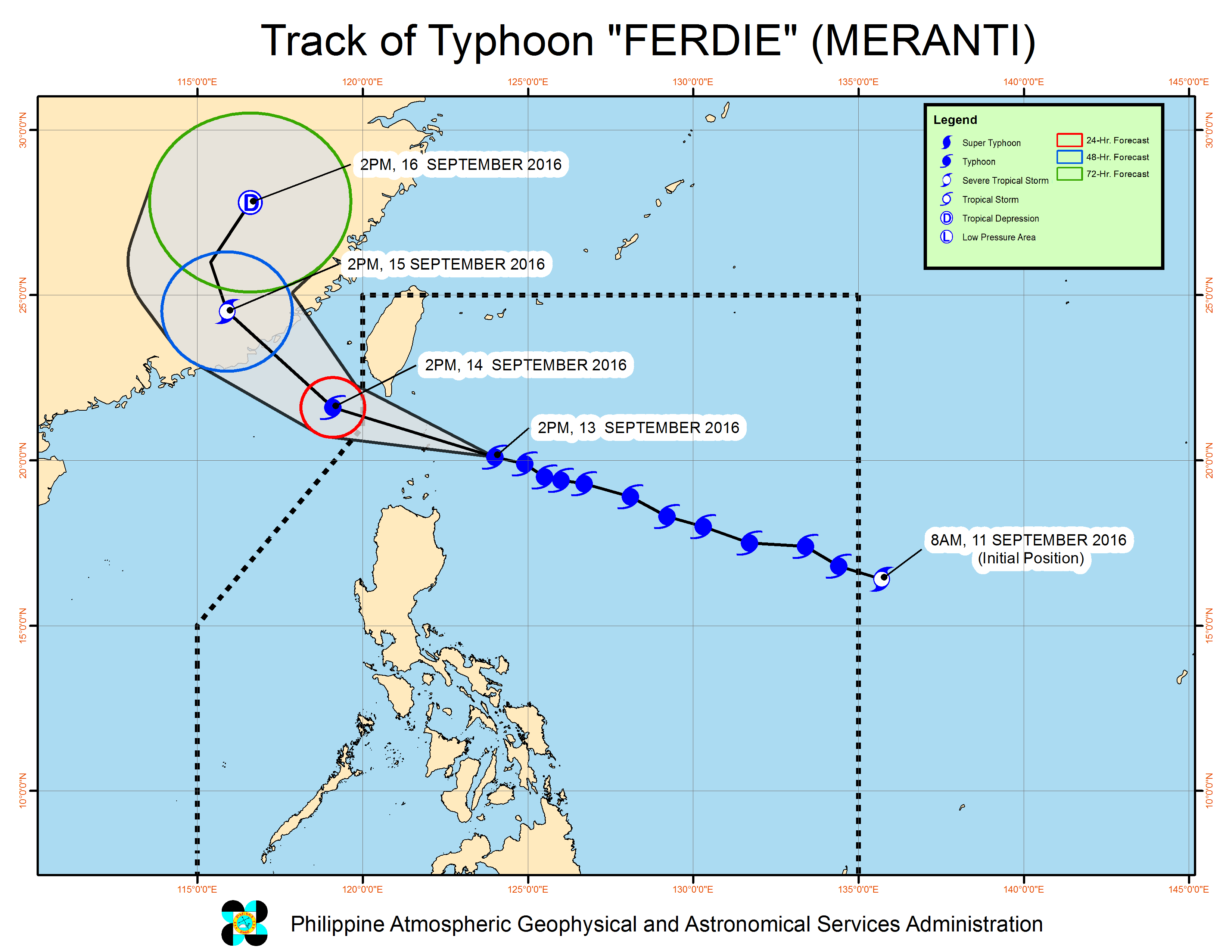 Forecast track of Typhoon Ferdie as of September 13, 5 pm. Image courtesy of PAGASA 