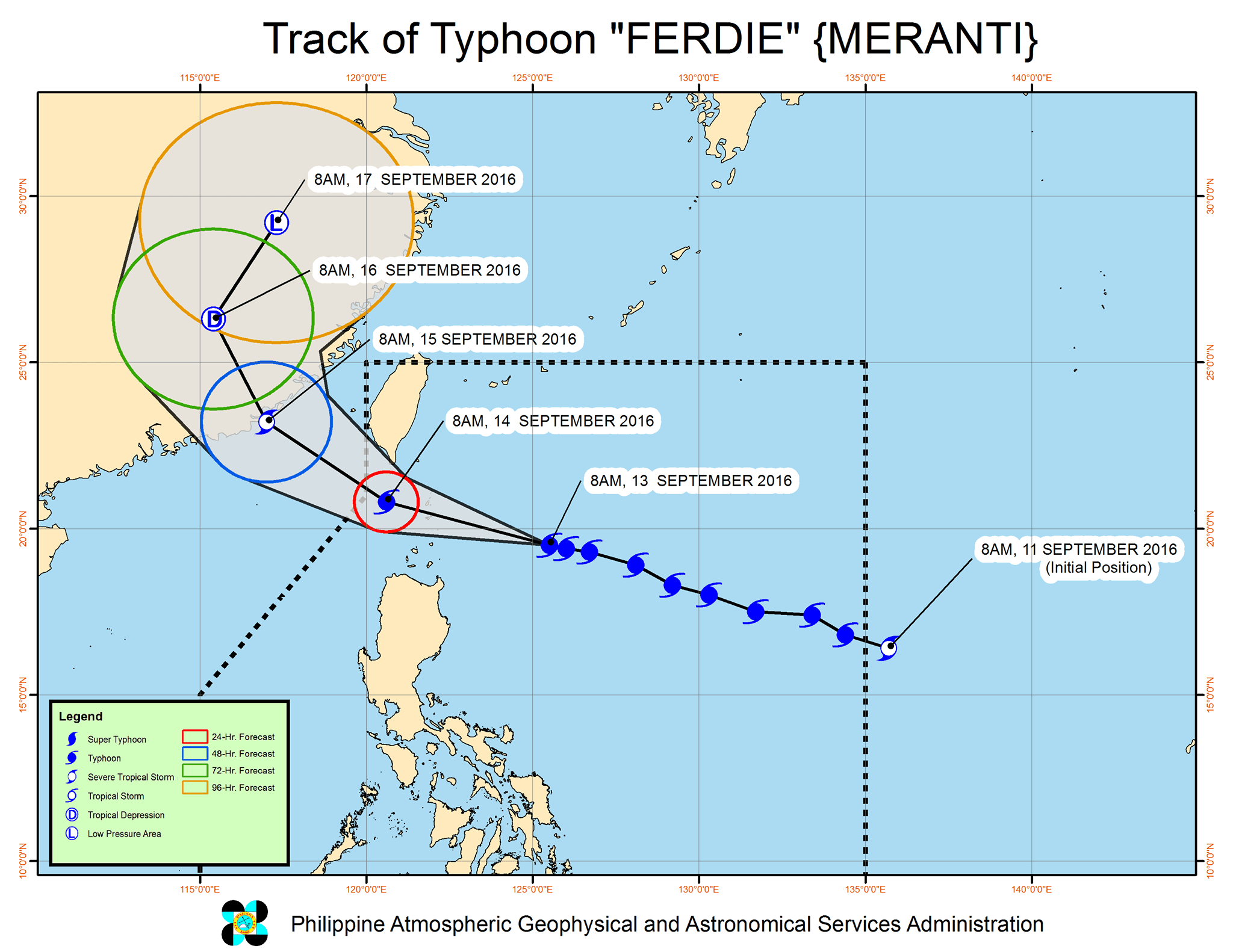 Forecast track of Typhoon Ferdie as of September 13, 11 am. Image courtesy of PAGASA 