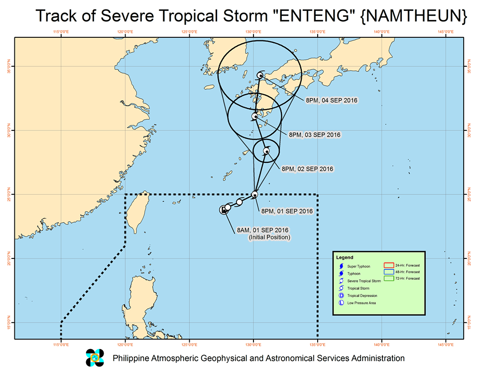 Forecast track of Severe Tropical Storm Enteng as of September 1, 10:30 pm. Image courtesy of PAGASA 