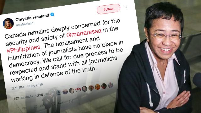 Canada’s foreign minister ‘concerned’ about Maria Ressa’s safety, security