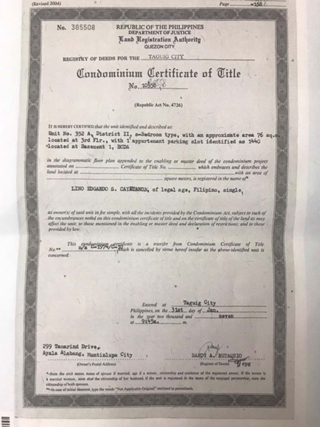 NEW EVIDENCE. Lino Cayetano's Condomium Certificate of Title. Rappler photo 