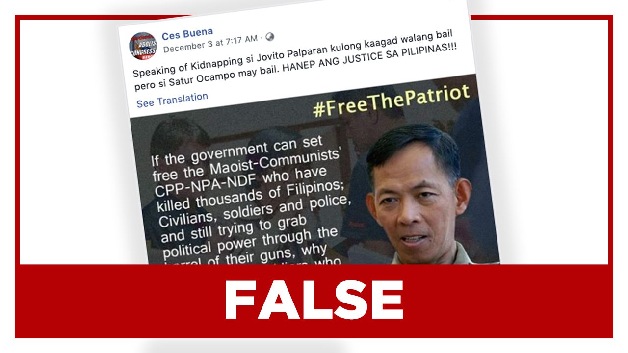 FALSE: Ocampo allowed to post bail over kidnapping, Palparan wasn’t
