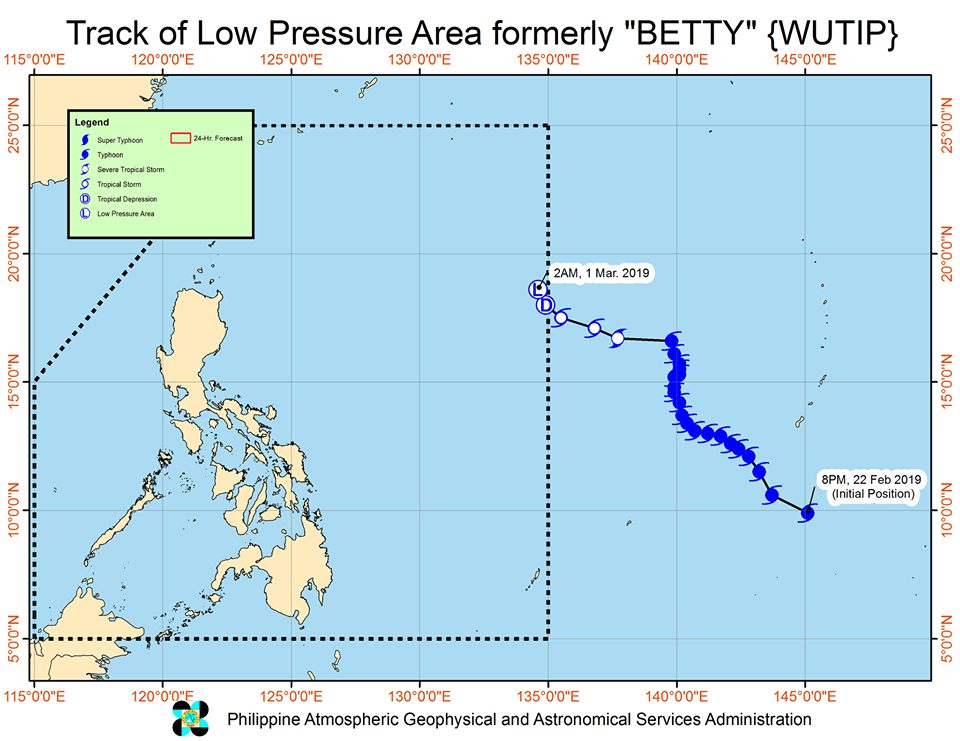 Forecast track of the low pressure area that used to be Tropical Depression Betty (Wutip), as of March 1, 2019, 4 am. Image from PAGASA 