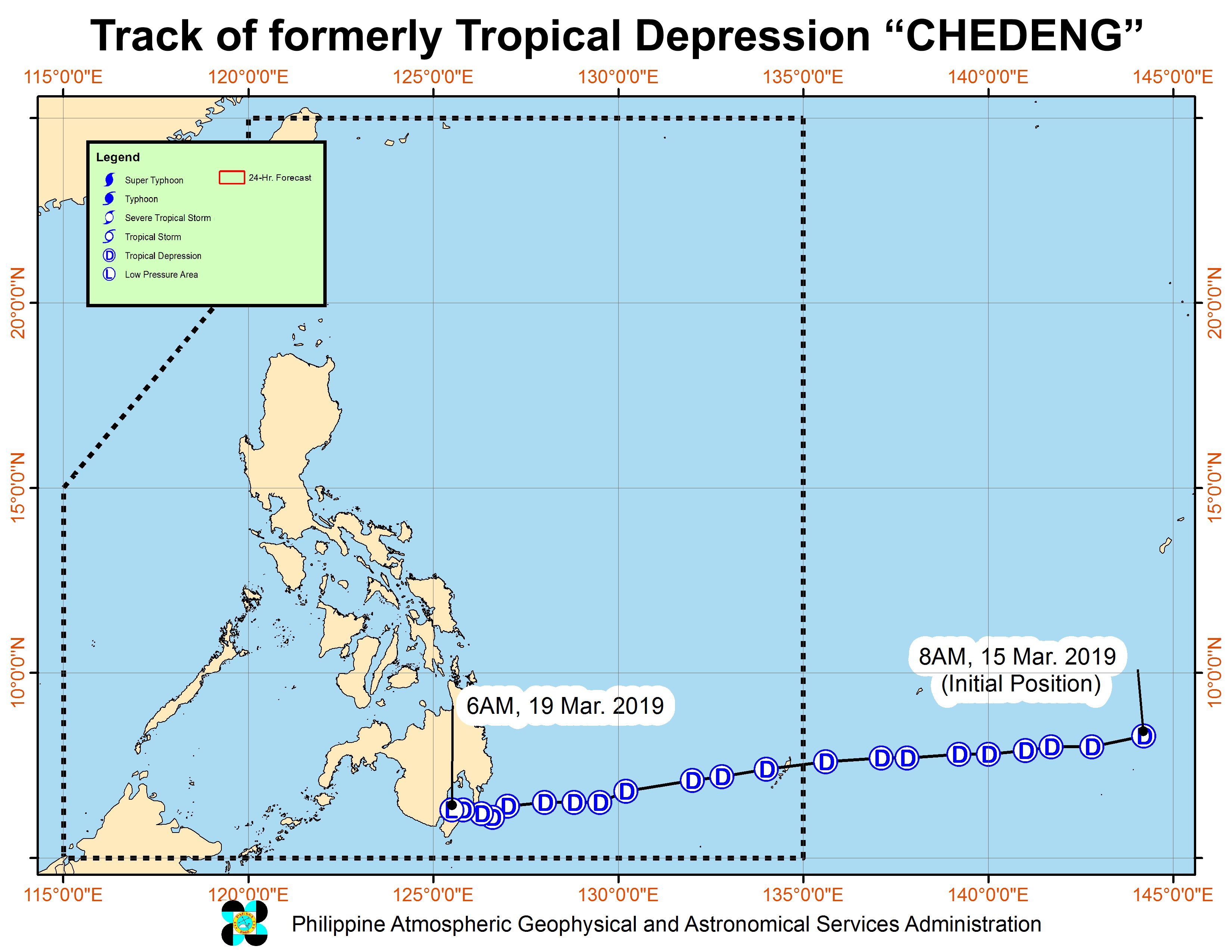 Forecast track of the low pressure area which used to be Tropical Depression Chedeng, as of March 19, 2019, 8 am. Image from PAGASA 