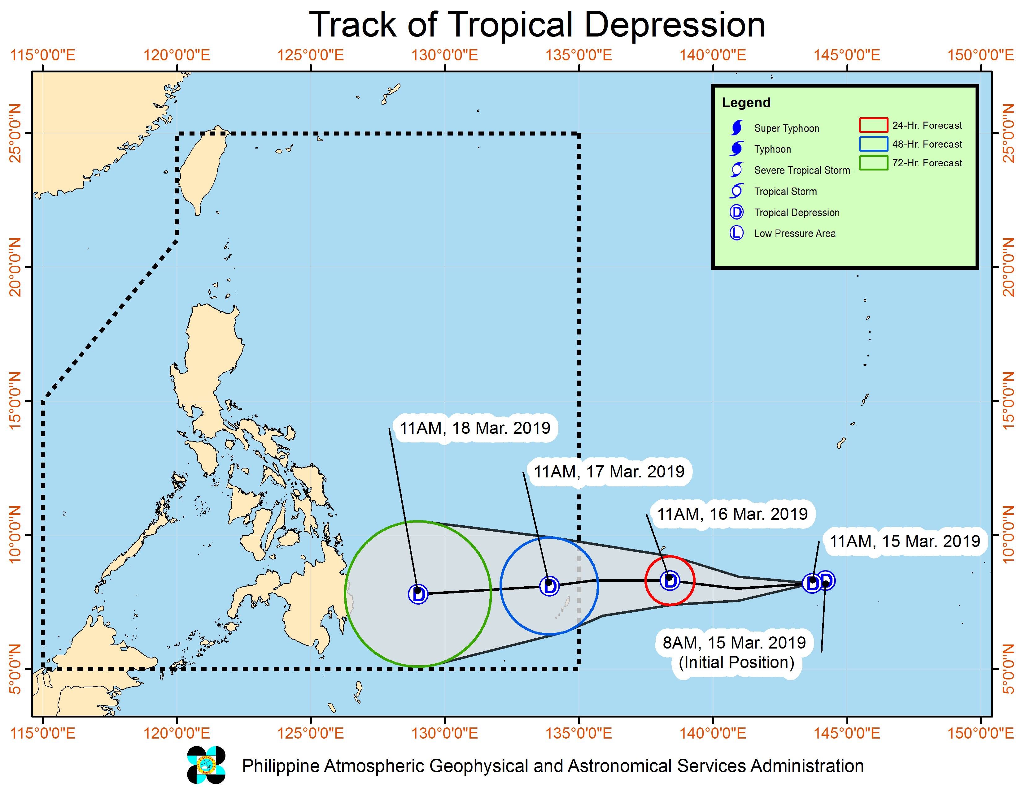 Forecast track of the tropical depression as of March 16, 2019, 11 am. Image from PAGASA 