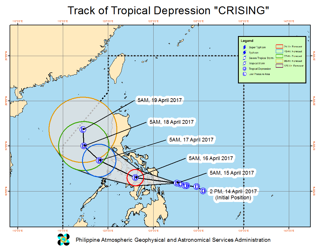 Forecast track of Tropical Depression Crising as of April 15, 8 am. Image courtesy of PAGASA 