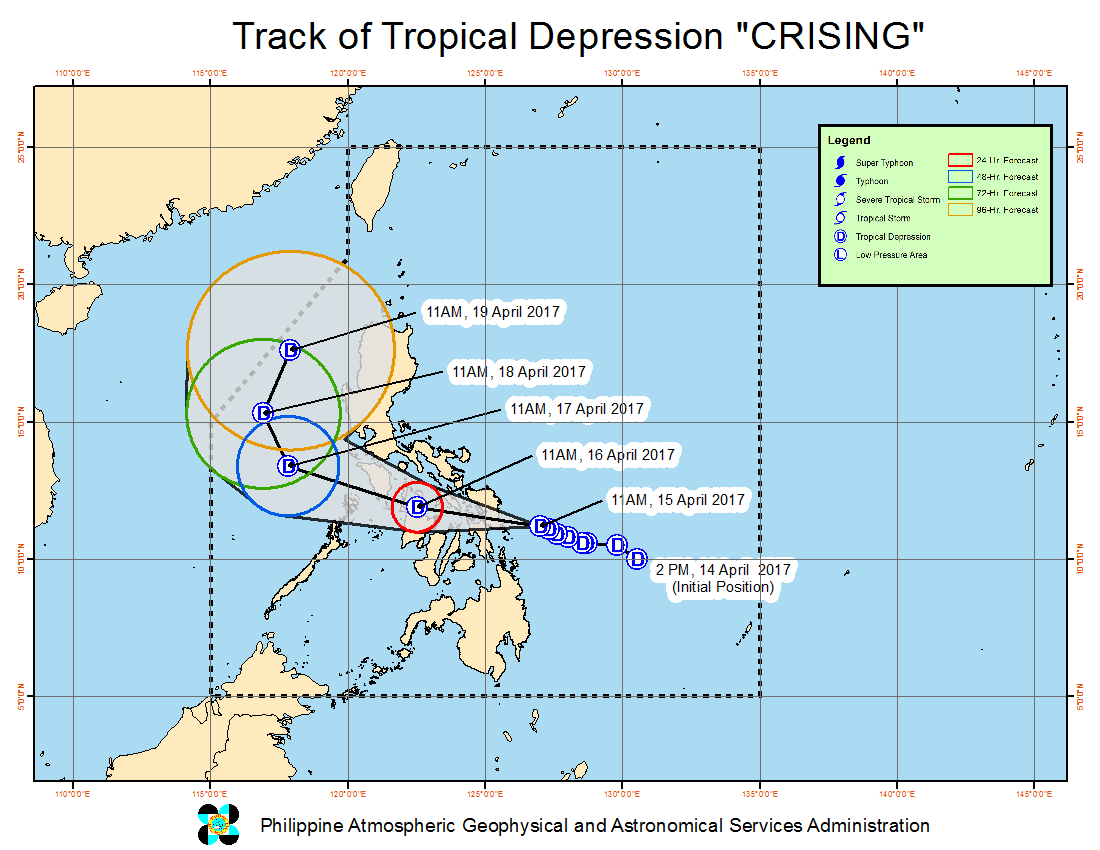 Forecast track of Tropical Depression Crising as of April 15, 2 pm. Image courtesy of PAGASA 