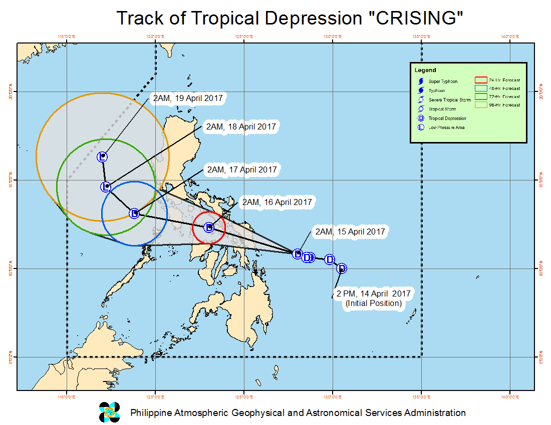Forecast track of Tropical Depression Crising as of April 15, 5 am. Image courtesy of PAGASA 
