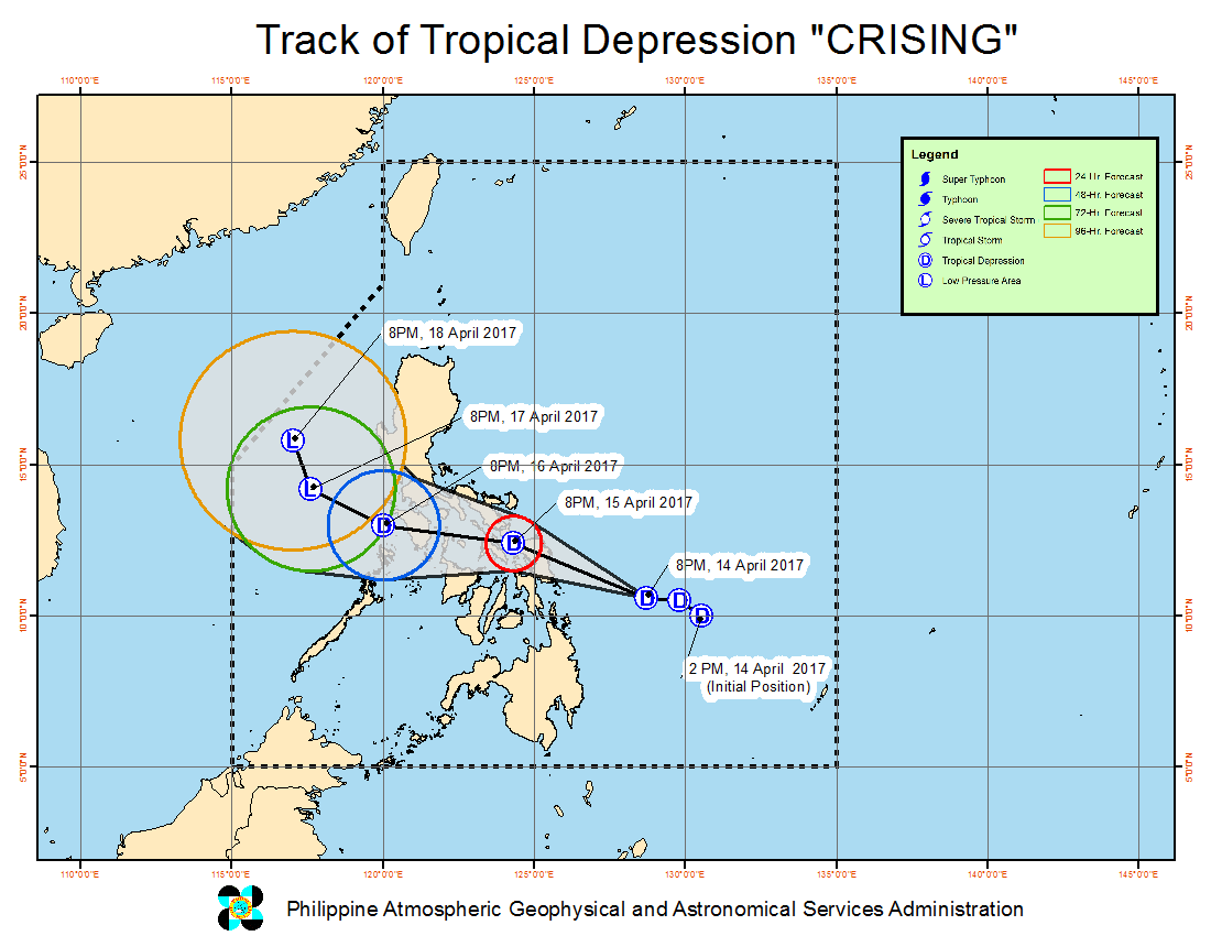 Forecast track of Tropical Depression Crising as of April 14, 11 pm. Image courtesy of PAGASA 