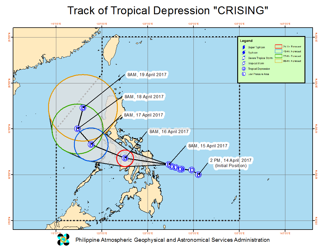 Forecast track of Tropical Depression Crising as of April 15, 11 am. Image courtesy of PAGASA 
