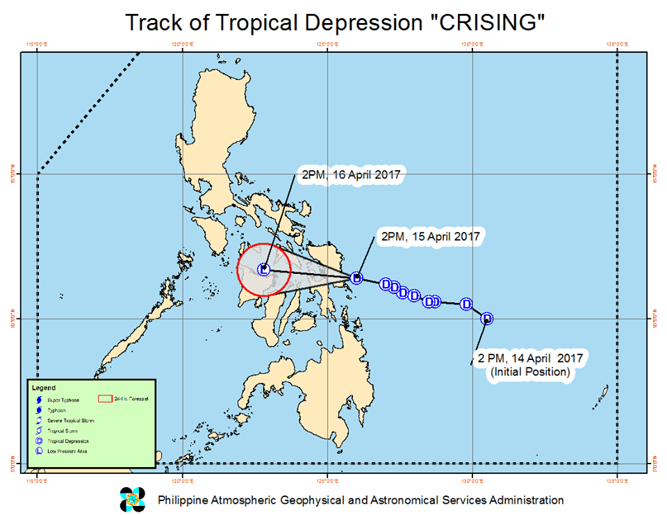 Forecast track of Tropical Depression Crising as of April 15, 5 pm. Image courtesy of PAGASA 
