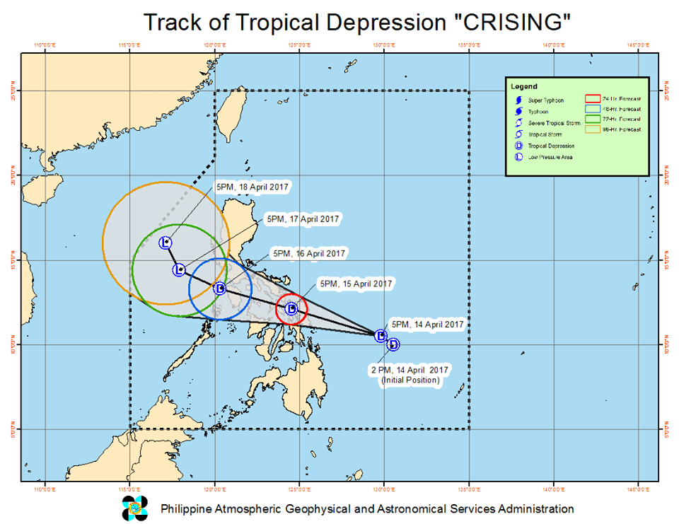 Forecast track of Tropical Depression Crising as of April 14, 8 pm. Image courtesy of PAGASA 