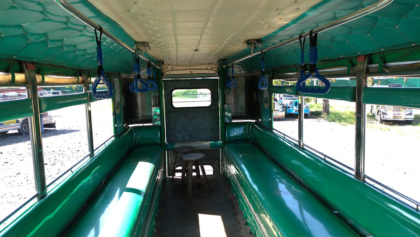 INTERIOR. The rehabilitated jeep has a higher ceiling than the conventional jeepney, and has handrails as well. Photo by Mavic Conde/Rappler 